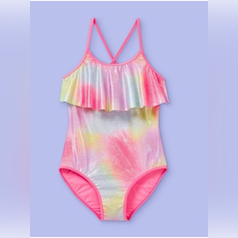 Girls foil rainbow flounce top one piece swimsuit